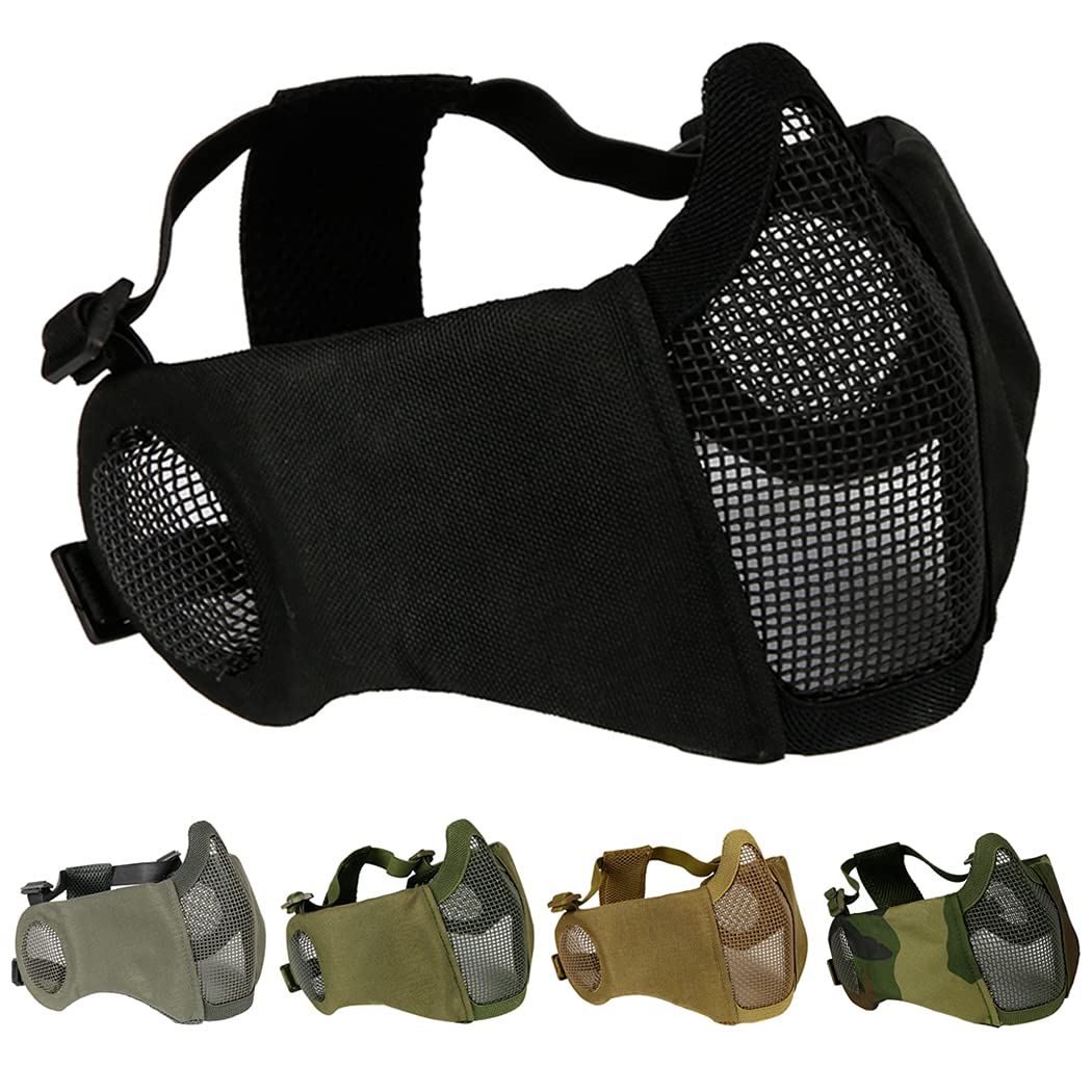 AOUTACC Foldable Airsoft Mask,Half Face Mesh Masks with Ear Protection for Cs War Game, BB Gun,Hunting,Paintball (BK)