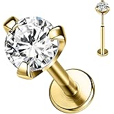 SYLWIA 14K Real Gold Lip Rings Stud, 16g Threadless Push in Ashley Piercing Lip Jewelry, Diamond CZ - 2mm 2.5mm 3mm, 18g Nose Conch Helix Tragus Labret Stud for Women Men