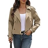 AMZANGEL Women's Cropped Trench Coat Lapel Long Sleeve Button Down Crop Jacket Double Breasted Oversized Jacket