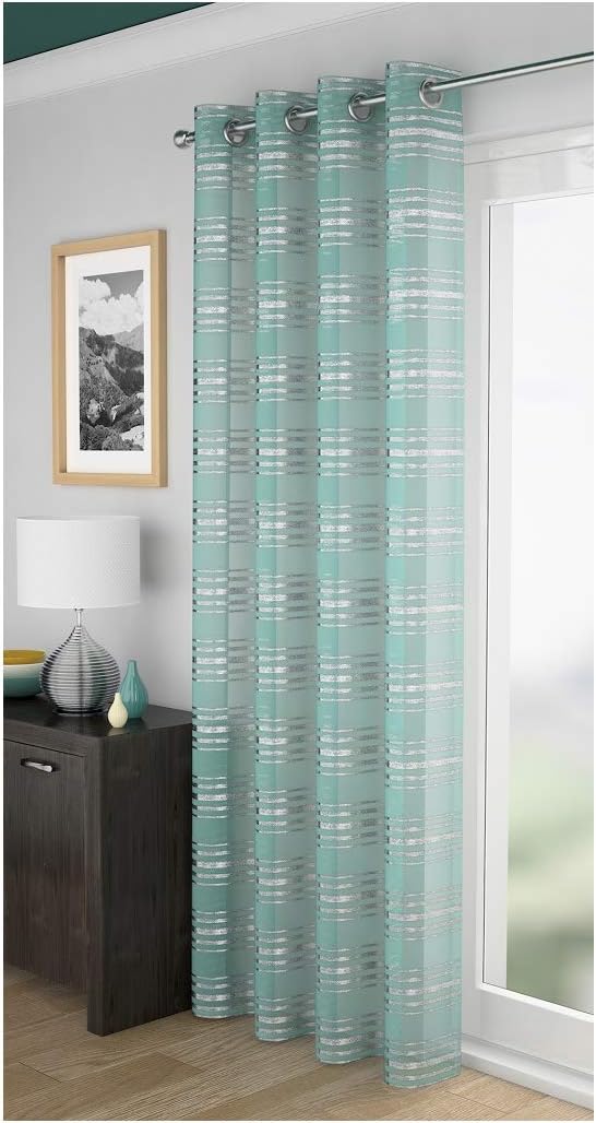 ShawsDirect Leon Silver Shimmer Sparkle Stripe Eyelet/Ring Top Single Voile Curtain Panel (Duck Egg, 55" x 72")