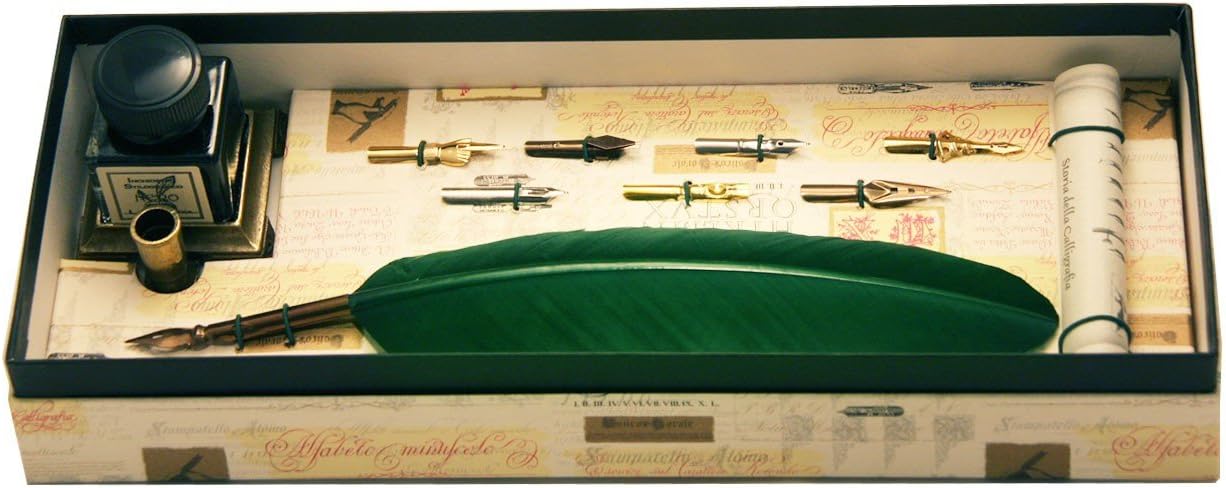 Coles Calligraphy Feather Quill Pen with 7 Nibs, Ink, Holder and Calligraphy Booklet - Green