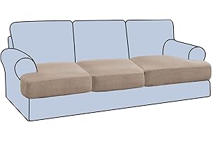 H.VERSAILTEX Stretch 3 Piece T Cushion Sofa Slipcovers Individually Sofa Cushion Covers for 3 Cushion Couch Sofa Seat Cushion Covers with Elastic Bands Featuring Thicker Jacquard Fabric, Sand