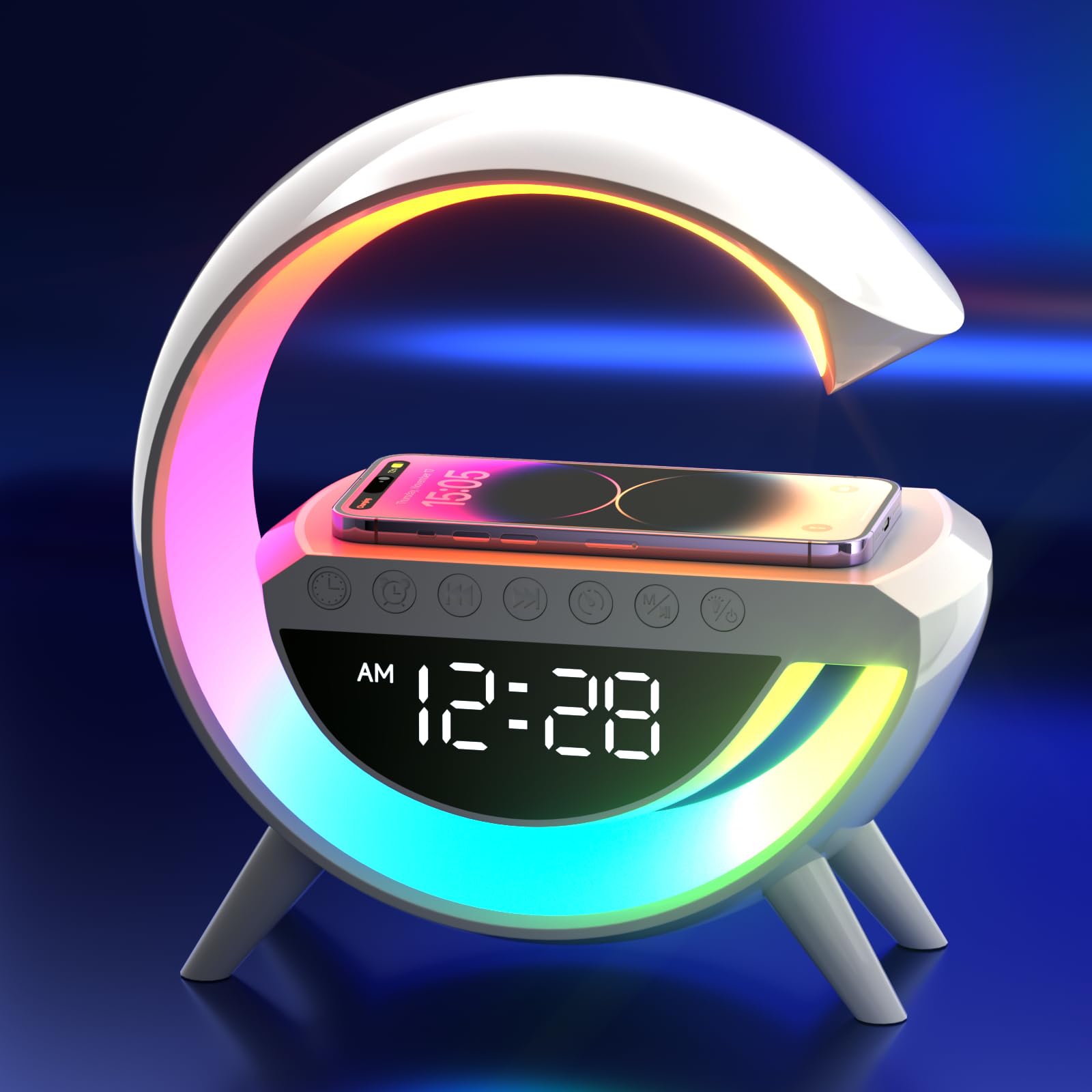 Atmosphere Lamp with 15W Wireless Charger Led Alarm Clock Dimmable Ambient Light Smart Table Lamp with Bluetooth Speaker Dazzling Running Lights 13 Modes Lights for Adults Kids Office Bedroom (White)