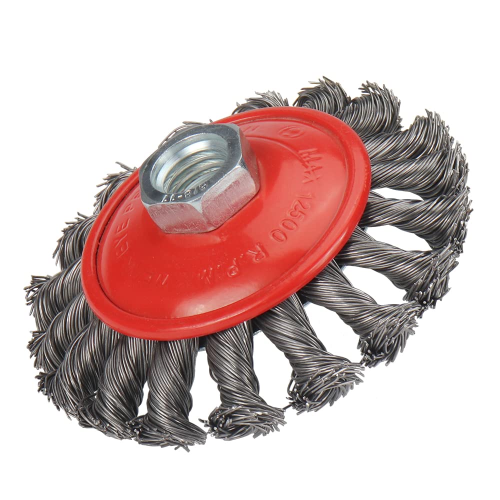SI FANG 100mm Twist Knot Wire Brush Wheel for Angle Grinder, 4" x 5/8 Inch-11 Threaded Arbor Wire Cup Brush, 0.02" Coarse Carbon Steel Knotted Rotary Wire Wheel for Heavy Cleaning Rust and Stripping