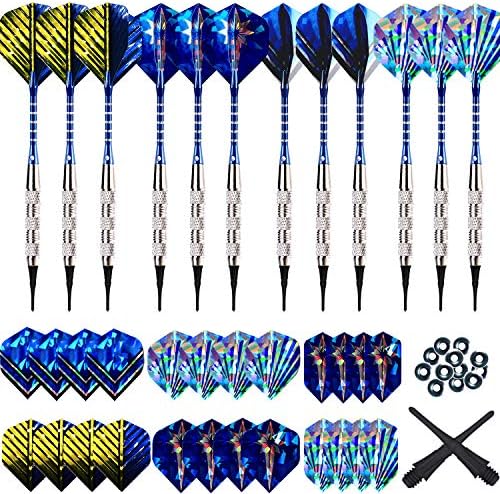 Soft Tip Darts Set 18g,12 PC Professional Plastic Tipped Dart, Blue Aluminum Rods Shafts, 24 Holographic Flights (16 Standard/8 Slim), 60 Nylon Safety Points For Electronic Dartboard