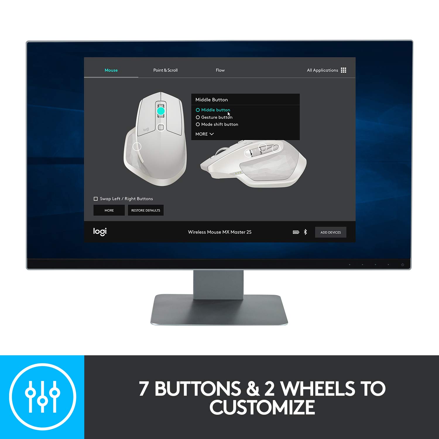 Logitech MX Master 2S Wireless Mouse, Multi-Device, Bluetooth or 2.4GHz Wireless with USB Unifying Receiver, 4000 DPI Any Surface Tracking, 7 Buttons, Fast Rechargeable, Laptop/PC/Mac/iPad - Graphite