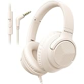 Botesty Sound Wired Headphones with Microphone for School, 3.5mm Plug Beige | Wired Over Ear Foldable Plug in Headphones, 4.9ft Tangle-Free Nylon Cord for Classroom, Tablet, Laptop, MP4, Airplane Travel