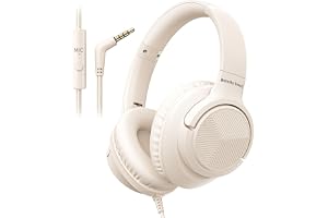 Botesty Sound Headphones Wired with Microphone, Over Ear Foldable 3.5mm Plug in Headphones Corded with 4.9ft Tangle-Free Nylon Cord for Tablet, Laptop, MP3/4, School, Airplane Travel (Beige)