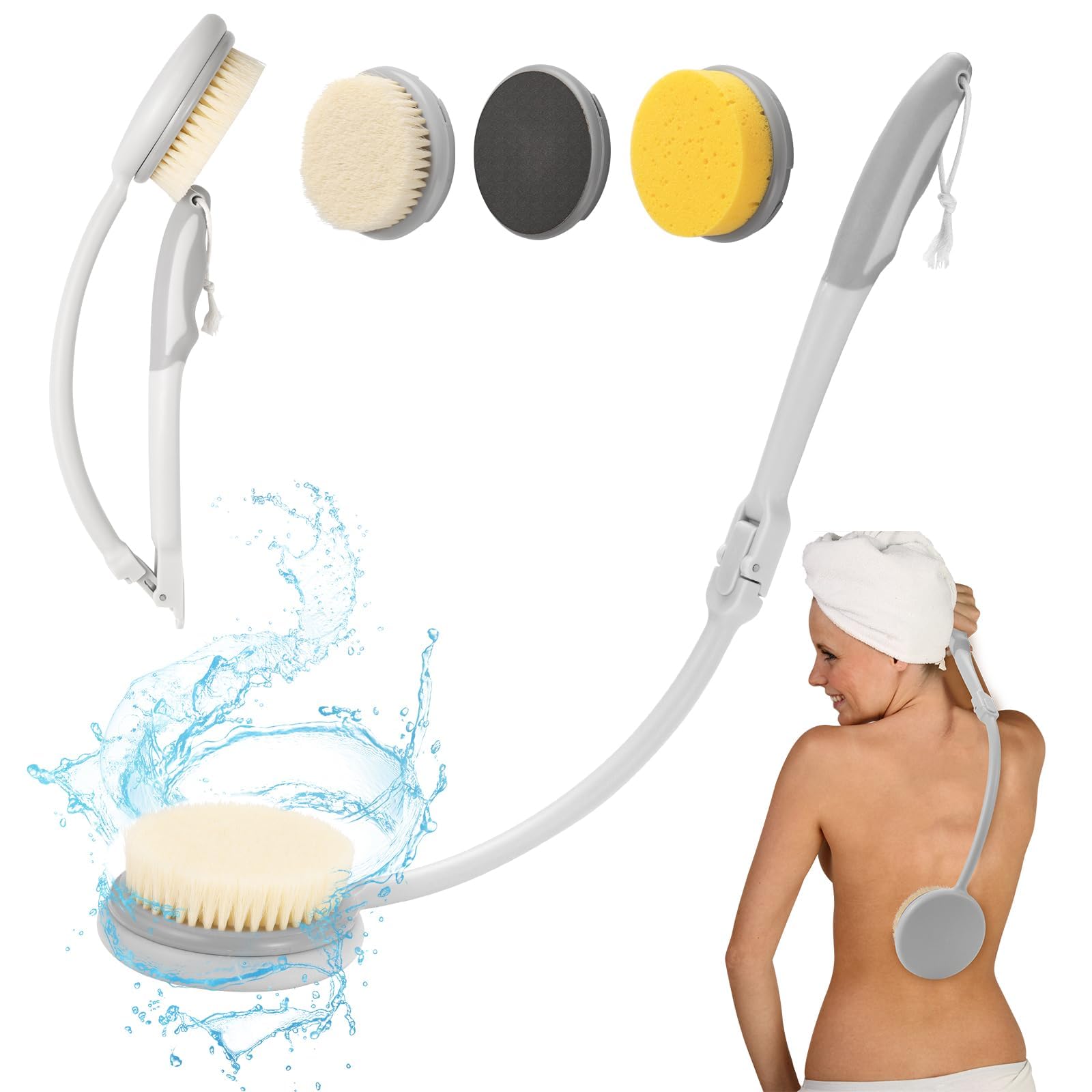 Fanwer Back Scrubber for Shower, 3 in 1 Foldable Bath Brush Long Handle for Shower, Sponge Scrub Brush for Body Washing,Foot Scrubber with Curved Handle for Elderly, Disabled,Men and Women