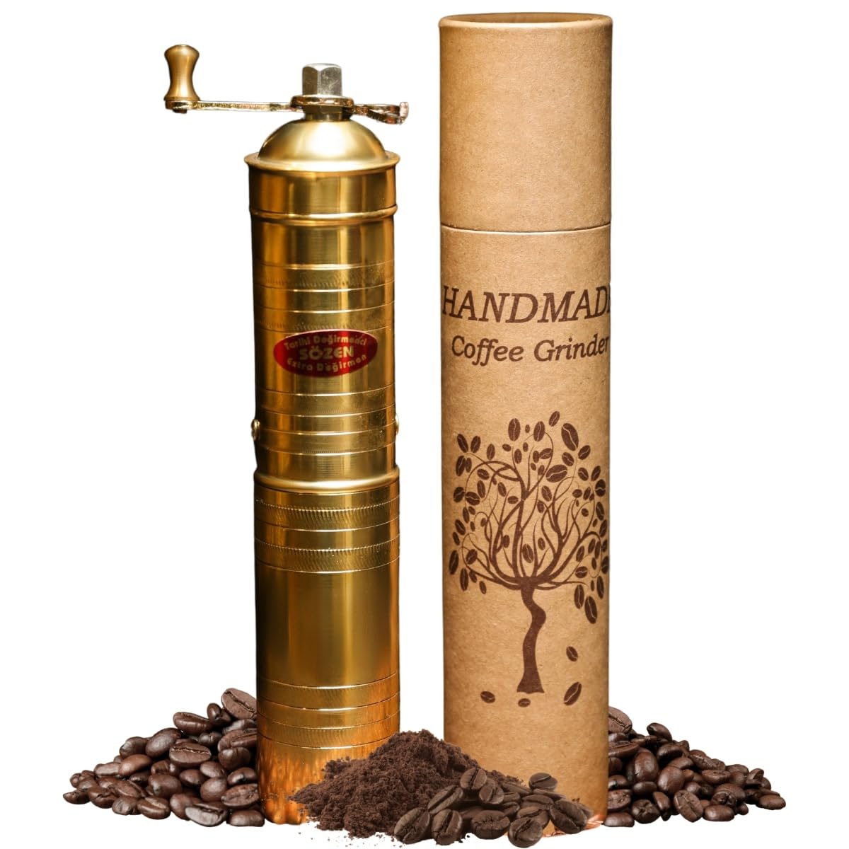 Sozen 9" Handmade Manual Brass Coffee Mill, Portable Stainless Steel Conical Burr Mill, Turkish Coffee Grinder