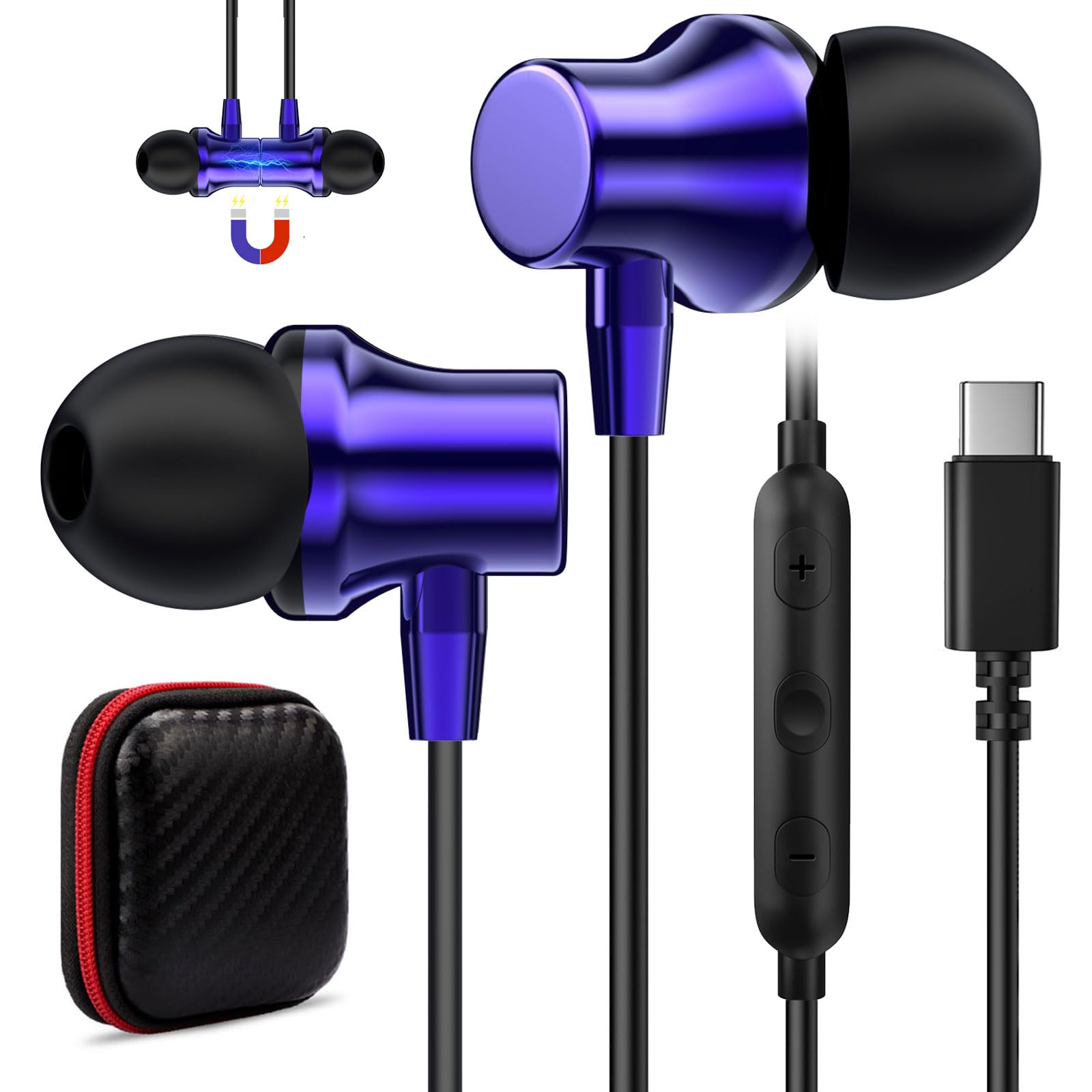 COOYA USB C Headphones, Type C Wired Earbuds Magnetic, Bass Stereo, Blue