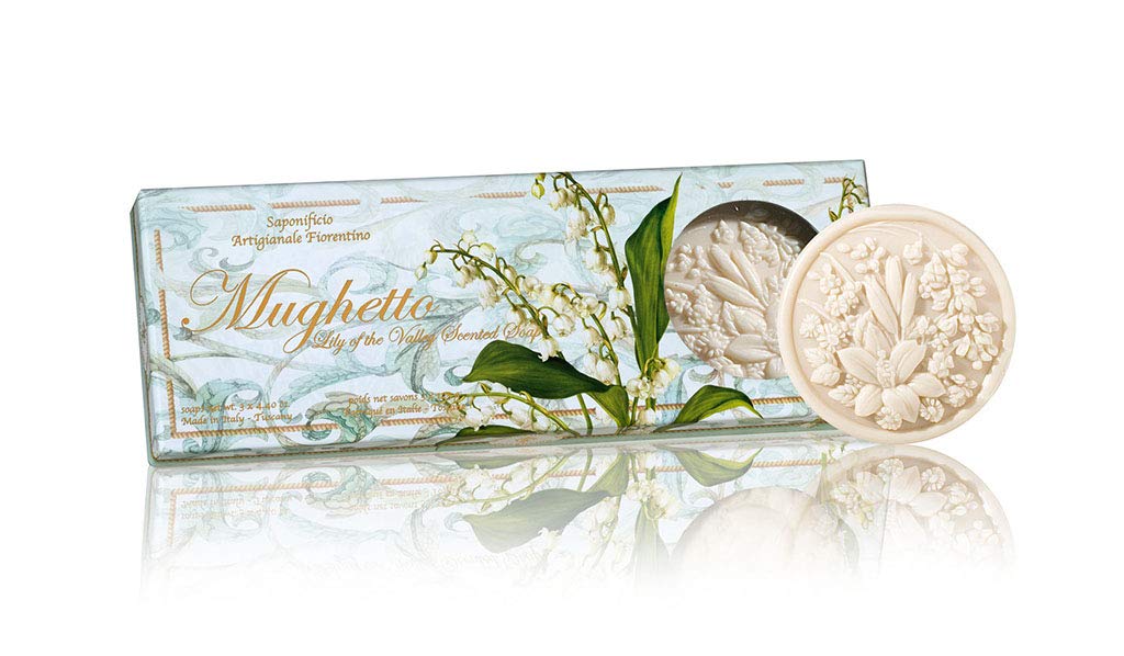 Mughetto, gift box of Italian soap with scent of Lily of the Valley, round soaps sculpted with flowers, 3 x 4.40 oz. by Saponificio Artigianale Fiorentino