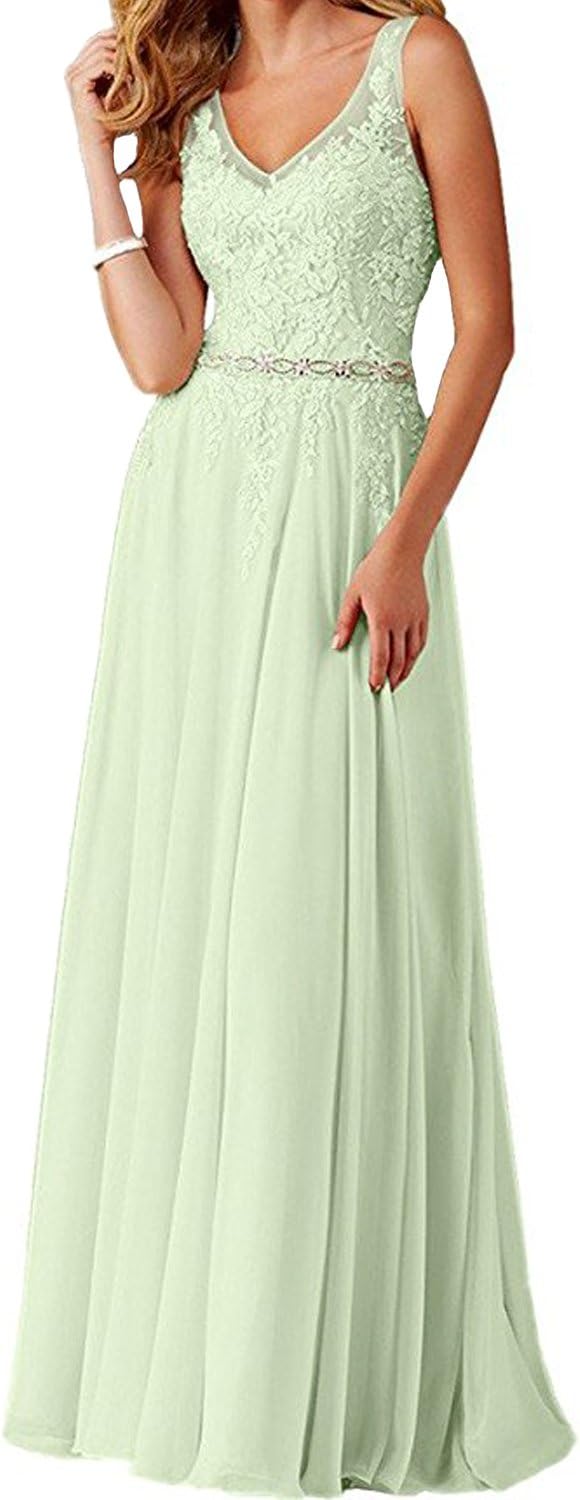Alanre Double V-Neck Crystal Belt Lace Chiffon Bridesmaid Dress Long Wedding Party Dress