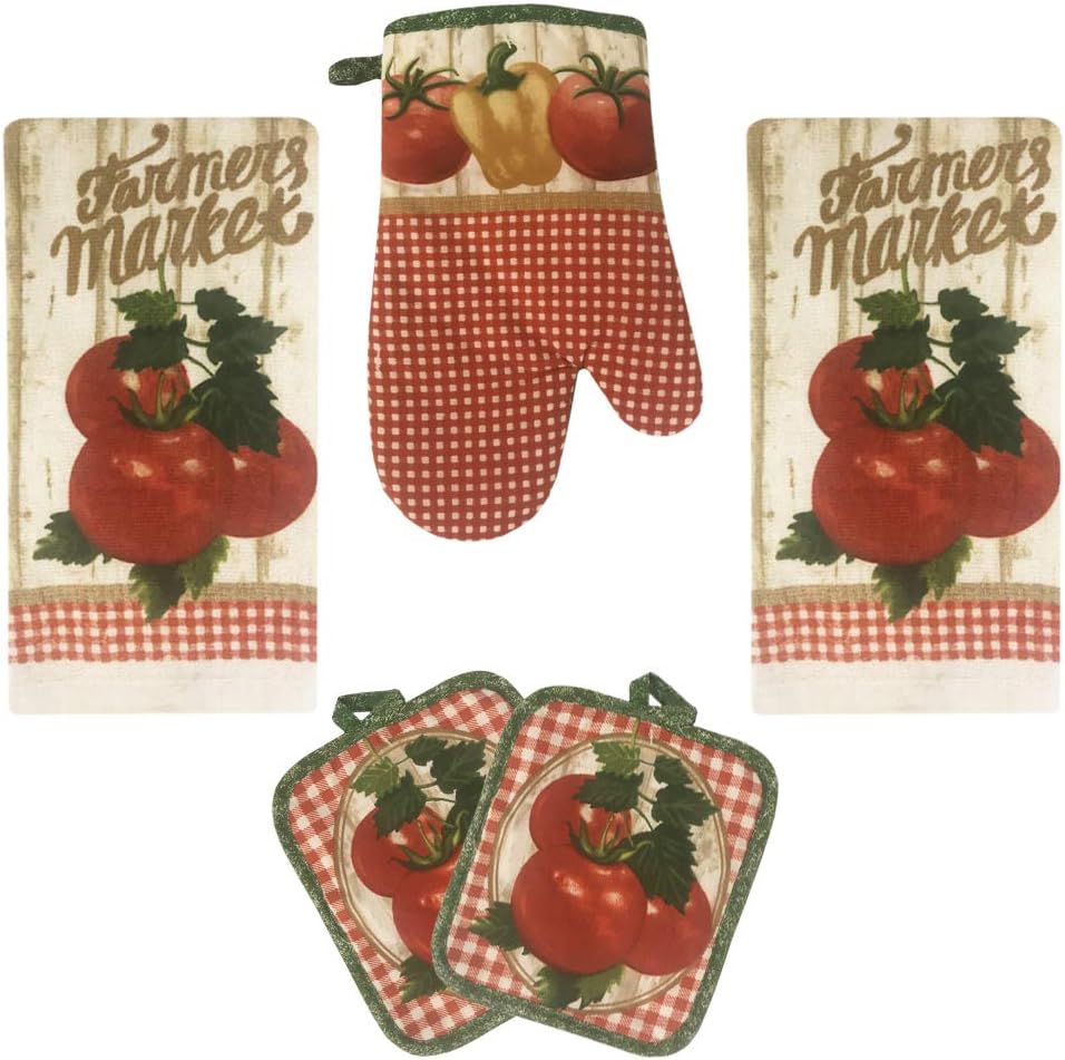 Lobyn Value Packs Farmers Market Kitchen Towel 5 Piece Linen Set 2 Towels 2 Pot Holders 1 Oven Mitt