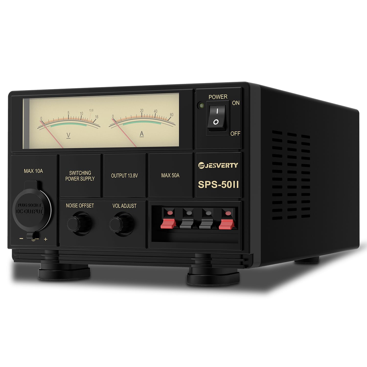 Universal Compact Bench Power Supply- 50 Amp Regulated Home Lab Benchtop AC-to-DC Converter 13.8 Volt/9-15Volt, Cooling Fan, Screw Type Terminals - Jesverty SPS-50II