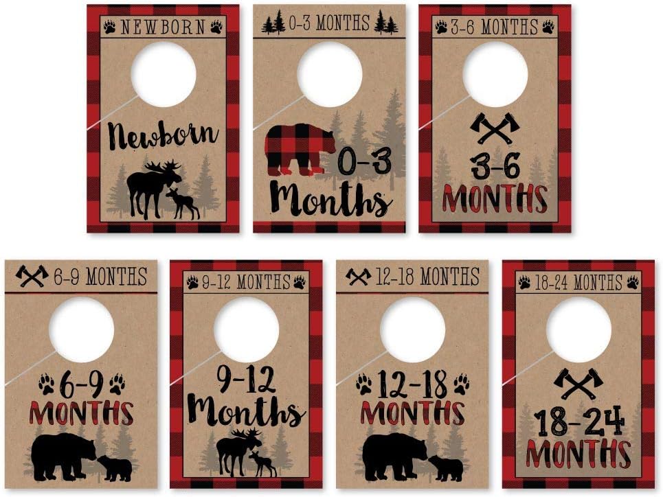 7 Lumberjack Baby Nursery Closet Organizer Dividers For Boy Clothing, Age Size Hanger Organization For Kid Toddler Infant Newborn Clothes Must Have, Shower Registry Gift Supplies, Woodland 0-24 Months