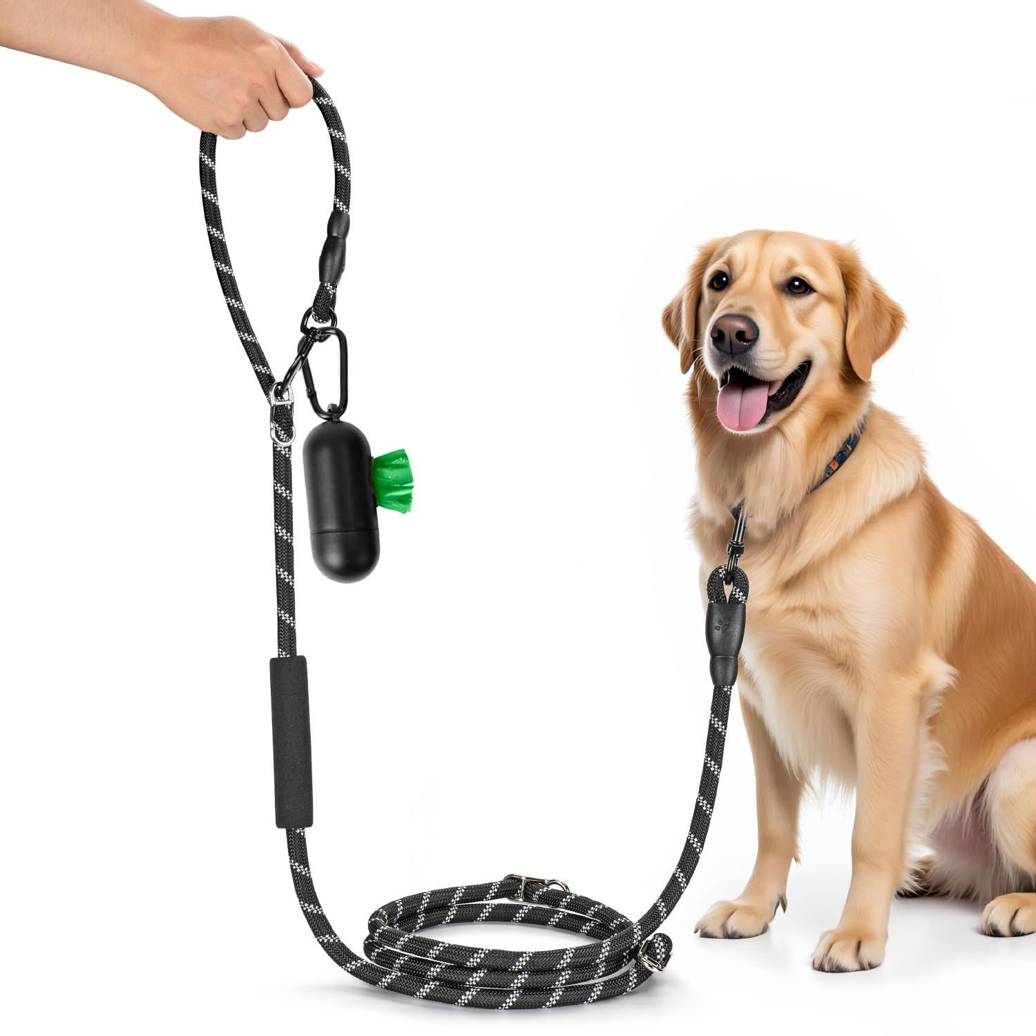 Double Dog Lead for Large Dogs, Nylon, Round and Bite-Proof with 2 Carabiners, 3.4 m (Length) x 14 mm, Black