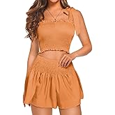 ShawGobow 2 Piece Summer Sets,Square Neck Bow Tank Top & Short Set,Beach Vacation Smocked Outfits For Women Crusie Resort