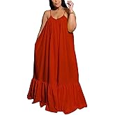 Adogirl Women's Sexy Spaghetti Strap Sleeveless Ruched Ruffle Hem Bandage Oversized Beach Loose Long Maxi Swing Dress