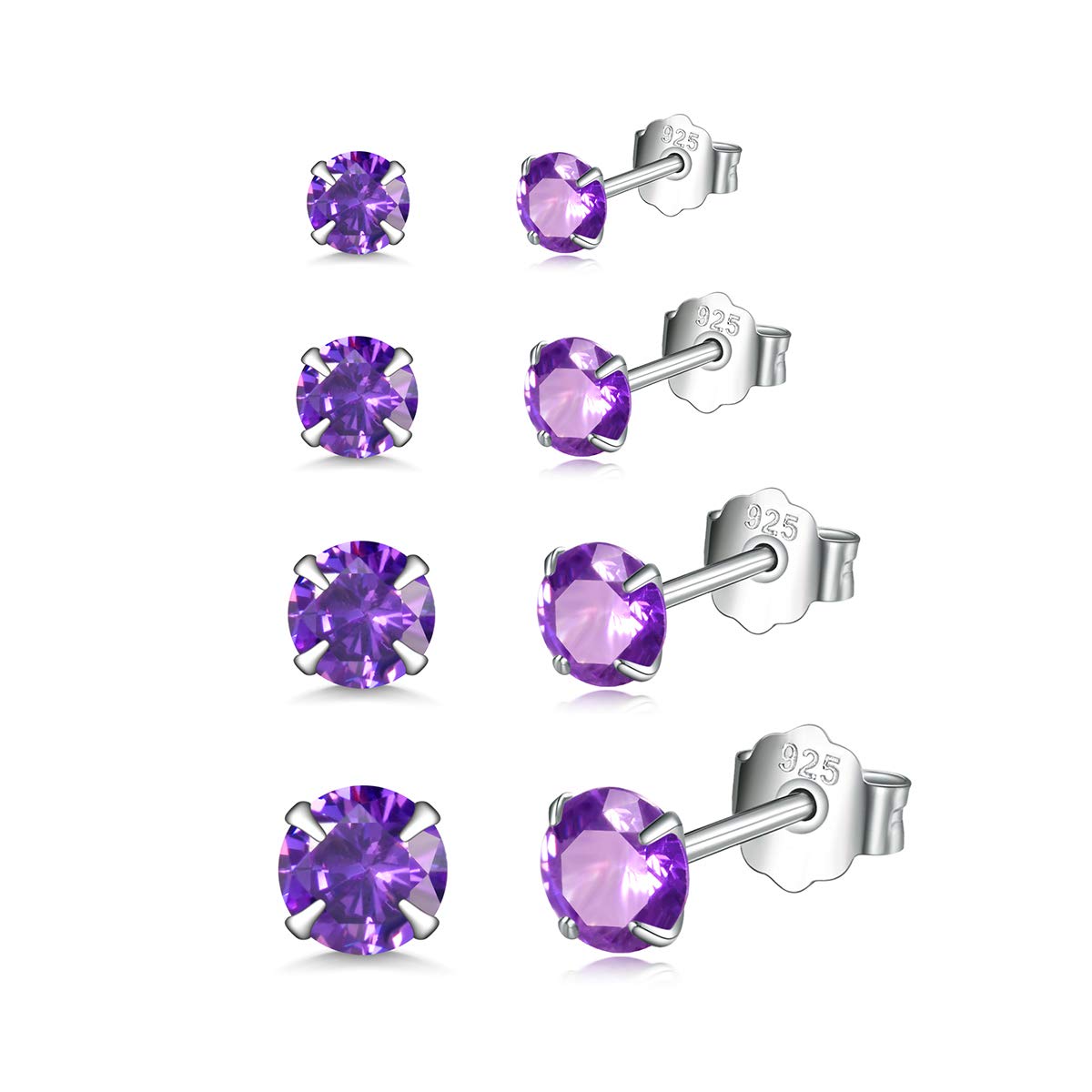 Shuxin Silver Stud Earrings for Women, 4 Pairs 925 Sterling Silver Zirconia Stud Earrings Set, Hypoallergenic Small Sleeper Cartilage Studs, with AAAAA Purple Cubic Zirconia, Size: 3, 4, 5, 6mm