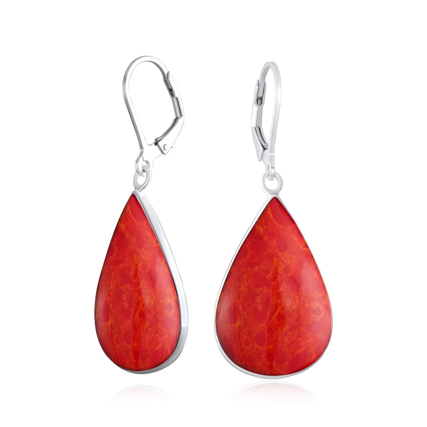 Large Created Orange Red Coral Pear Shaped Teardrop Dangle Lever back Earrings For Women Teen .925 Sterling Silver