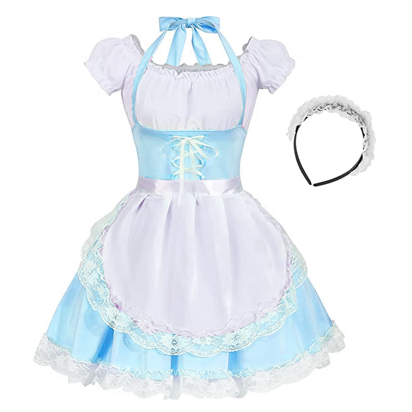 Maid Costume Pink,Women's Halloween Costumes Cosplay Cute Party Fancy Dress French Maid Outfit Dress for Womens Girls(Blue4pc,XL) — image 1