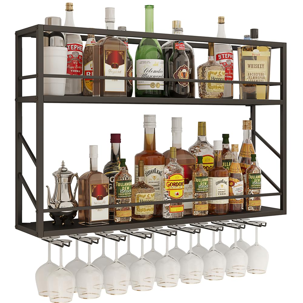 Wall Rack Beer Woskar Wall Mounted Wine Rack 2 Tier, Metal Bar Liquor Shelves and ...
