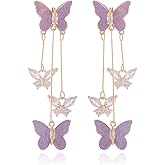 Purple Butterfly Dangle Earrings for Women Crystal Rhinestone Drop Earrings Butterfly Tassel Style Zircon Wedding Jewelry Light Lavender Accessories Purple Dress for Woman Outfits