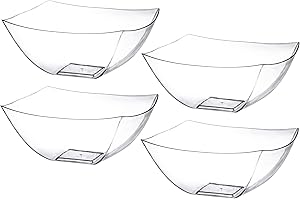 Posh Setting Clear Plastic Serving Bowls Disposable - Square Bowls - Square Candy Bowl - Plastic Snacks & Chip Bowls for Parties - Black, Gold & Clear, White Serving Dishes, 16 OZ, 4 Pack