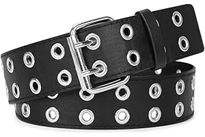 WERFORU Double Grommet Belt PU Leather Punk Belt for Women Men Jeans 2 Hole Belts 1.5 Wide