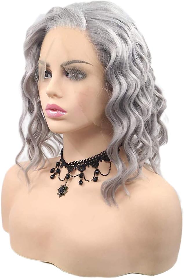 Silver Gray Lace Front Wigs Grey Bob Wigs for Women Short Curly Silver Wig Lace Real Wigs Natural Hairline Glueless Synthetic Lace Front Wig Drag Queen Costume Cosplay 14Inch - Image 4