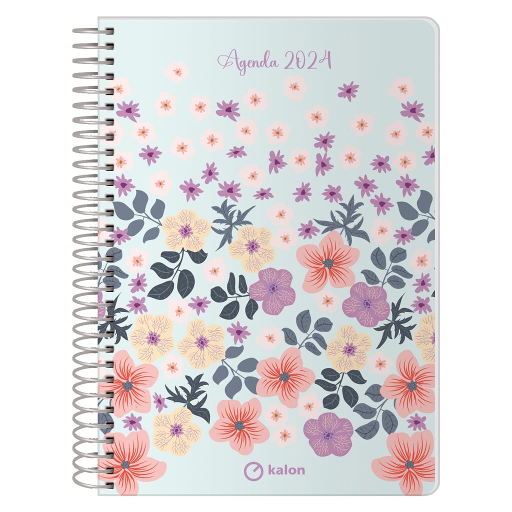 Q Kalon - Agenda 2024 January to December (12 months) - Day Page - A5 (15x21cm) - Metal spiral - Garden
