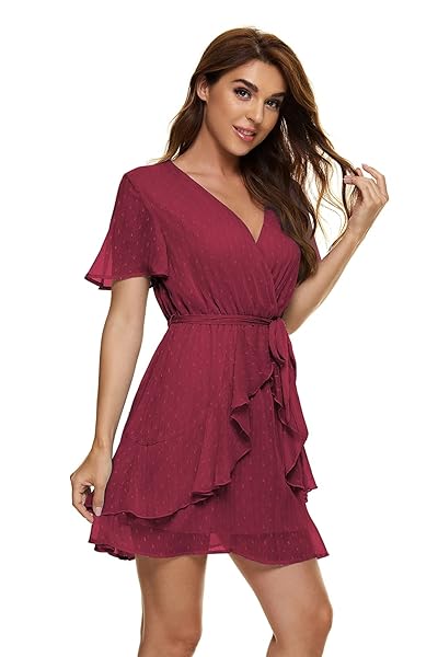 UGUEST WOMEN’S SUMMER CHIFFON SHORT SLEEVE V NECK RUFFLE DRESS LIGHT MINI SWING HIGH WAIST SLIP LINING DRESS WITH BELT WINE RED XS