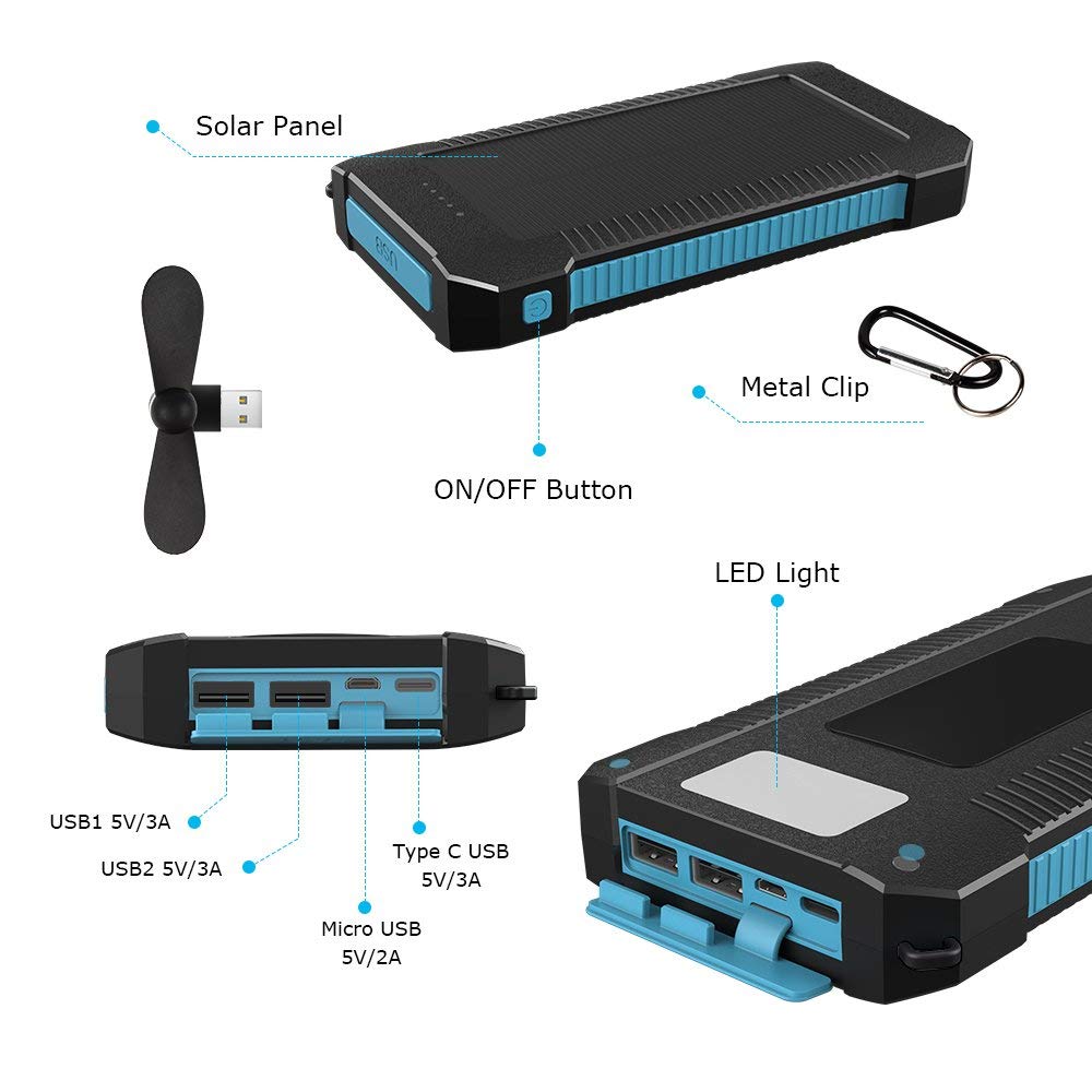 Innoo Tech Cargador Solar 20000mAh, Power Bank portátil con Batería Externa y Protección IP65 (a Prueba de Golpes, Agua, Polvo), Indicadores y Linterna LED para teléfono Android, Apple, Altavoces
