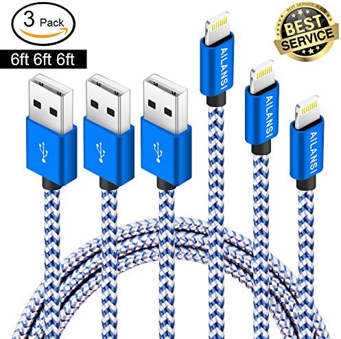 iPhone Charger,AILANSI 3 Pack(2M) Lightning Charging Cable,Multi Safety Defense, Nylon Braided, Ultra Dura,Compatible with iPhone X/8/8 Plus/7/7 Plus/6s/6s Plus/6/6Plus/5s iPad/iPod(Blue white)