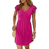 Dokotoo Women's Summer Dresses Beach 2026 Casual Deep V Neck Loose Sundress Ruffle Sleeve Mini Dress