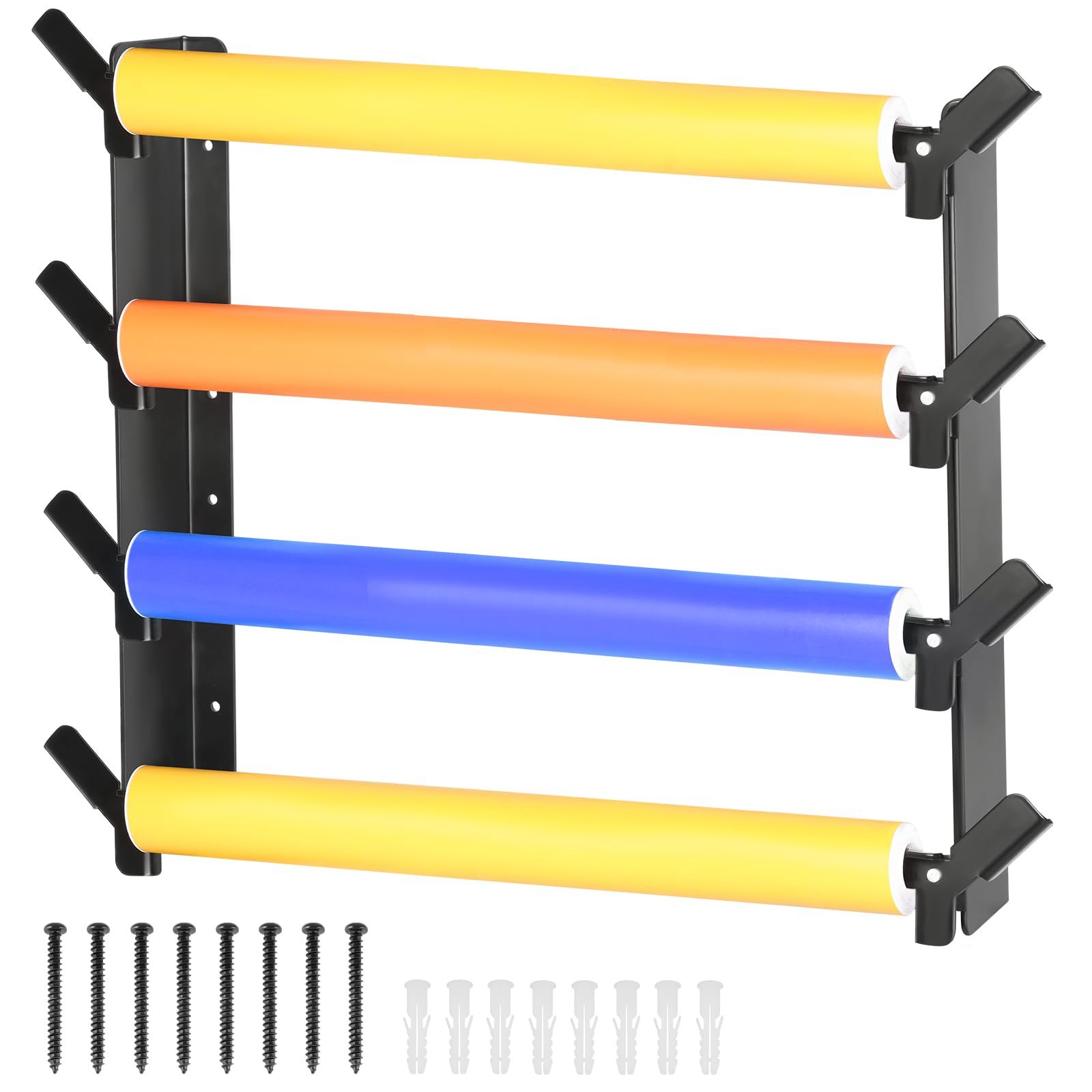 Photo 1 of SKYJDM 4-Roll Vinyl Roller Holder with Brackets, No Extra Rod Roll Required, Metal Wall-Mounted Storage Rack for Car Vinyl, Wallpaper, Window Film, Wall Mount Garage Organizer, Rollers Not Included