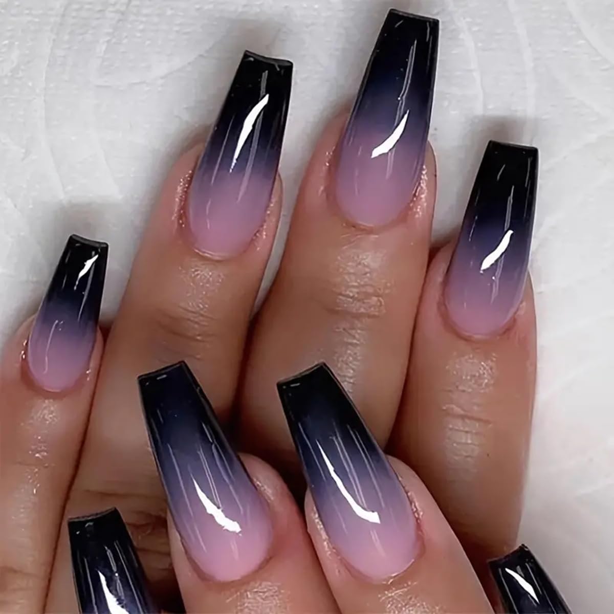 Long Press on Coffin Fake Nails - Purple and Black Gradient French Press on False Acrylic Nails - Full Cover Glossy Glue on Medium Reusable Artificial Stick on for Women Girls