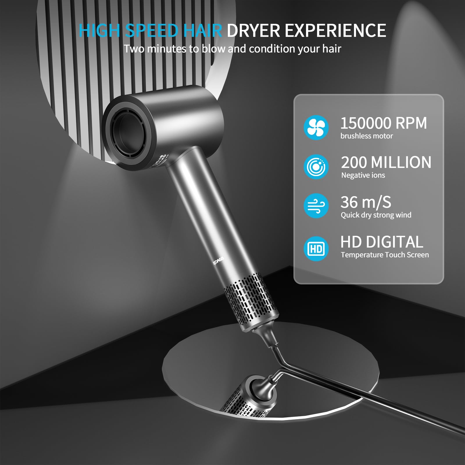 BAMCOO Föhn Fön Haartrockner Ionen Föhn Hair Dryer 1500W HD Display Temperatur Touchscreen ionen haartrockner 4 Temperaturstufen & 3 Geschwindigkeitsstufen (Grey) 6
