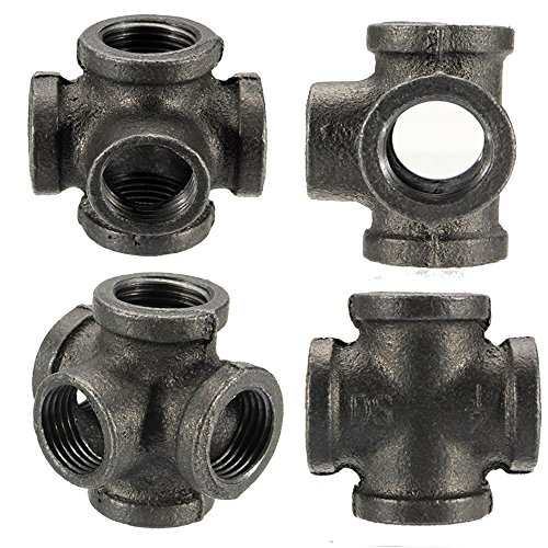 Gimiton 4 Pack 3/4" 5 Way Pipe Fitting Malleable Iron Black Outlet Cross Female Tube Connector with 4 Pack DN20 3/4 4 Way Pipe Fitting Industrial Steel Side Outlet Elbow 4-Way Fitting (DN25 1")