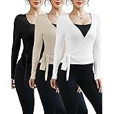 Simlakey 3 Pack Women Ballet Pilates Wrap Tops Y2K Workout Yoga Wrap Shirts Dance Long Sleeve Tie Front Crop Going Out Tops