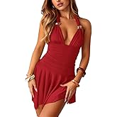 Women's Summer Halter Tie Back Bodycon Mini Dress Sexy Deep V Neck Pleated Ruffle Party Cocktail Short Dresses