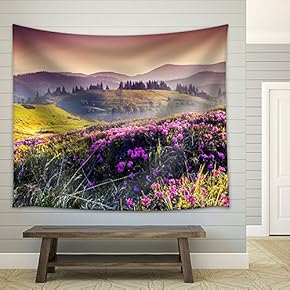 Magic Pink Rhododendron Flowers on Summer Mountain - Fabric Wall Tapestry Home Decor - 51x60 inches