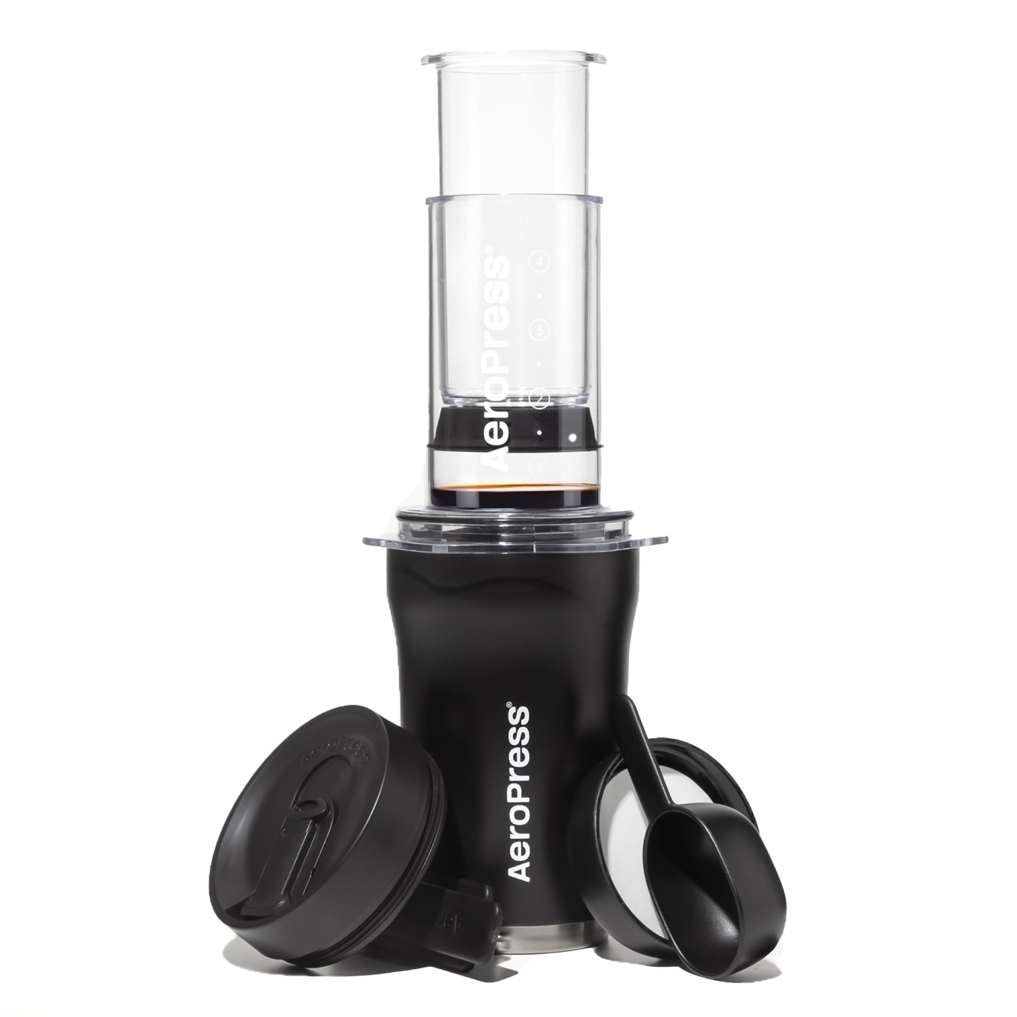 AeroPress Go Plus, pequeño kit de cafetera portátil, viajes, camping y oficina, prensa francesa todo en uno, cafetera manual estilo vertido y espresso, preparación de 2 minutos para menos amargura, más sabor, negro