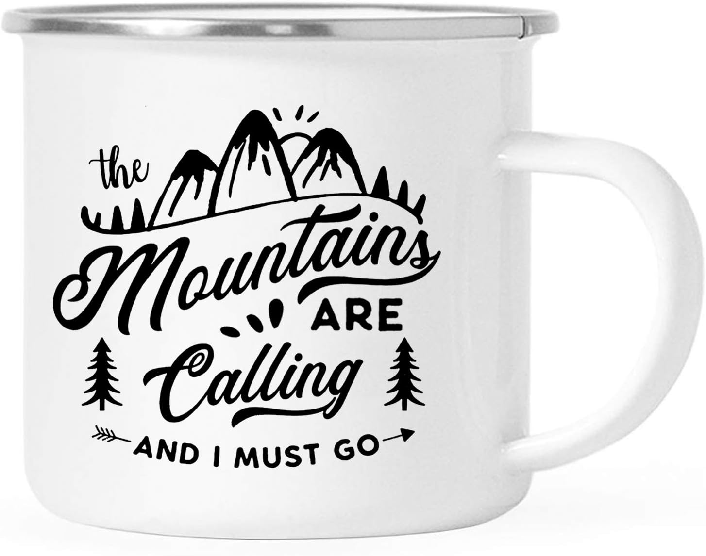The Mountains Are Calling And I Must Go- Funny Camping Enamel Coffee Mug - 12 Oz Mountain Adventure Travel Cup - Birthday, Valentines, Christmas, and Fathers Day Gift for Men, Women, Sons and Military