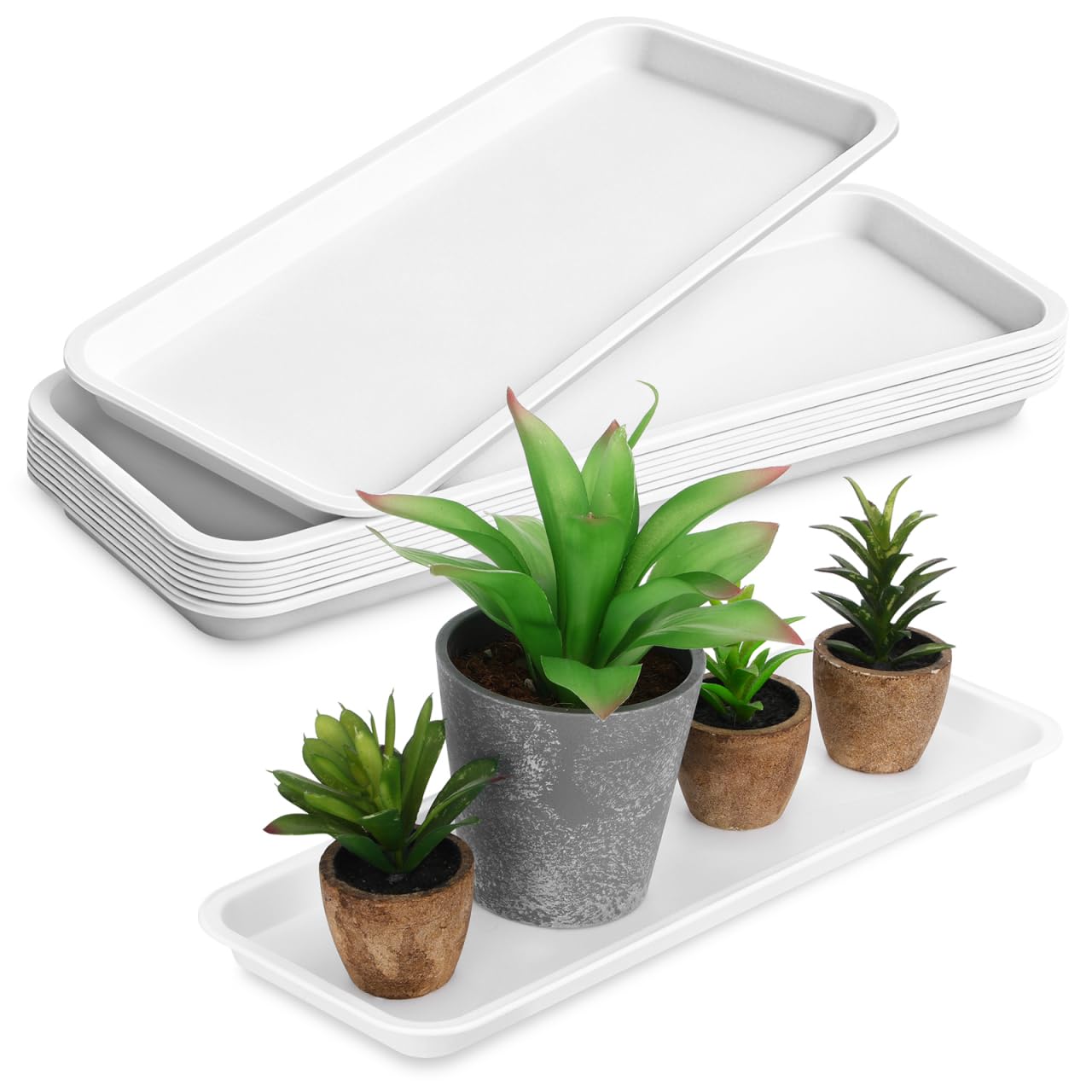 HANABASS 10pcs Rectangular Plant Trays Plastic Drip Saucers Windowsill Planter Tray For Plant Pot Indoor And Outdoor Planter Garden Bonsai, White Plastic, 15.6 X 5.8 Inches