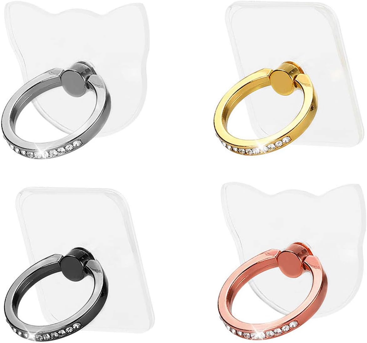 Transparent Diamond Phone Ring Holder, Clear Bling Cat Ring Stand, Sparkling Gemstone Finger Ring Grip and Kickstand Compatible for iPhone Xs/XR/XS Max/X/8 (4 Pack, Gold, Rose Gold, Black, Silver)