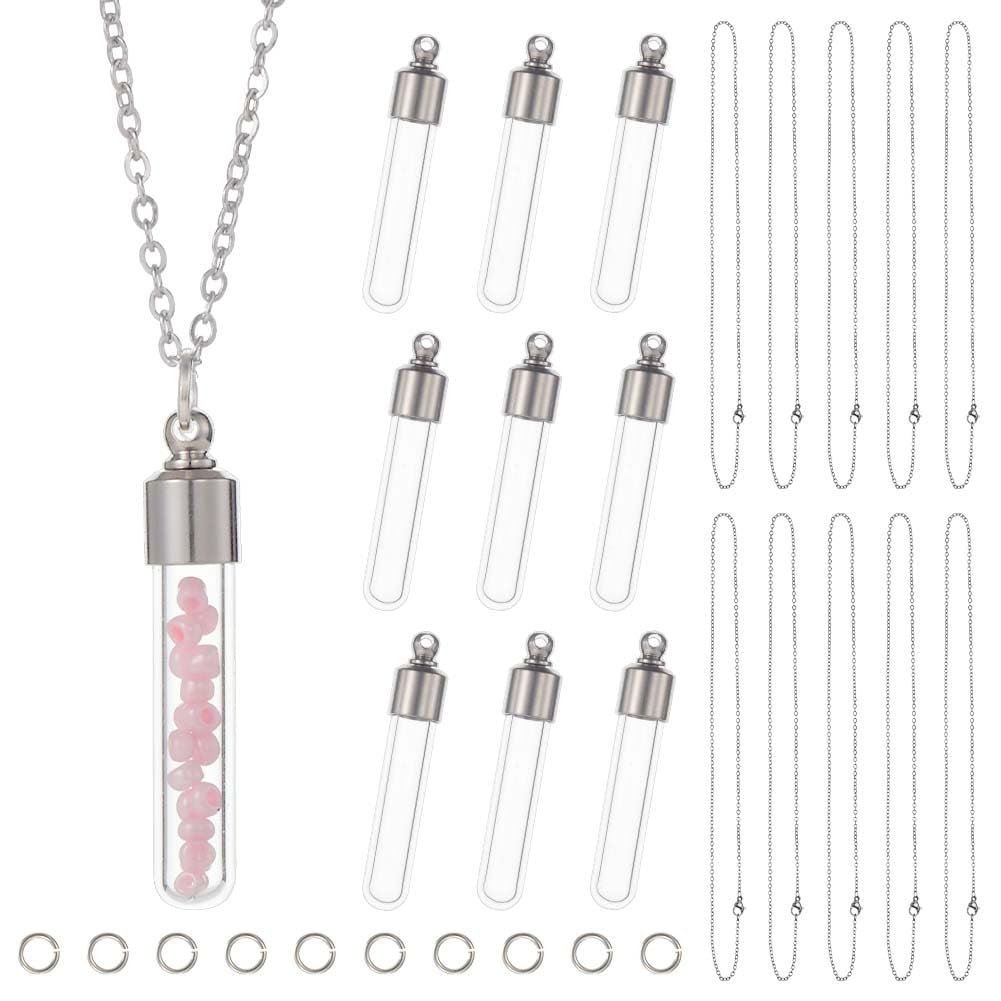SUNNYCLUE 1 Box 10Pcs Vial Necklace Bulk Wish Bottle Necklace Making Kit Glass Bottle Charms Necklace Screw Cap Bottle Empty Clear Vial Necklaces for Jewellery Making Memorial Keepsake Ashes Holder