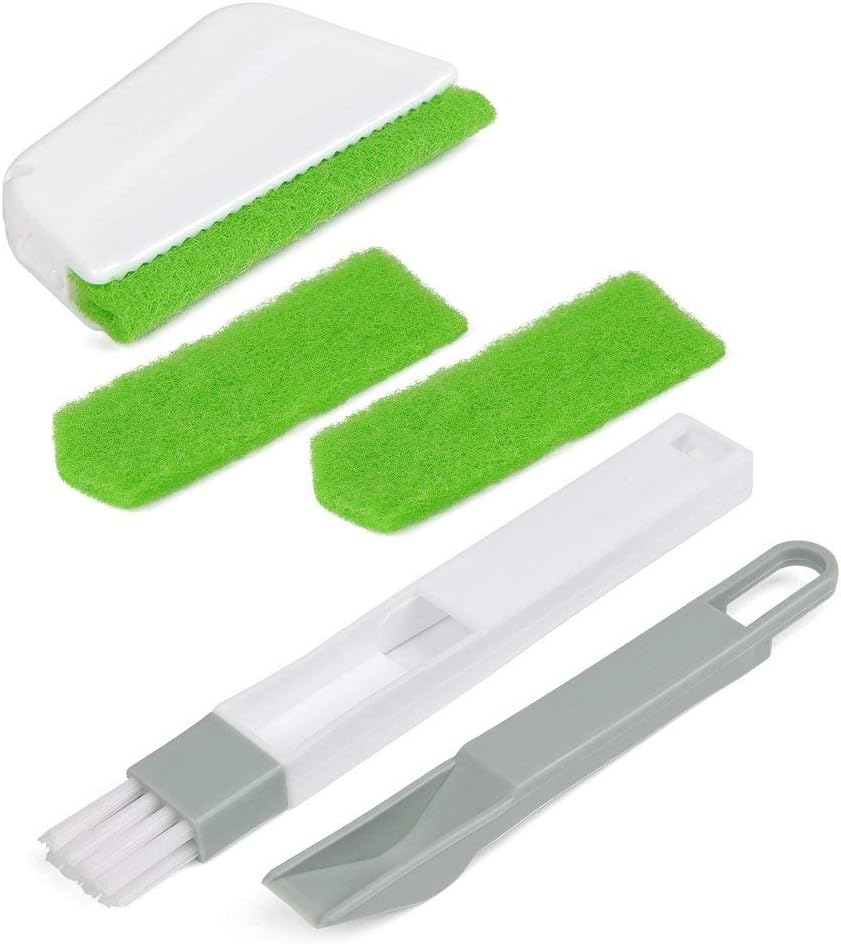 OFNMY 2 in 1 Window Slot Dustpan and Groove Gap Cleaning Brush with 2 Removable Sponges