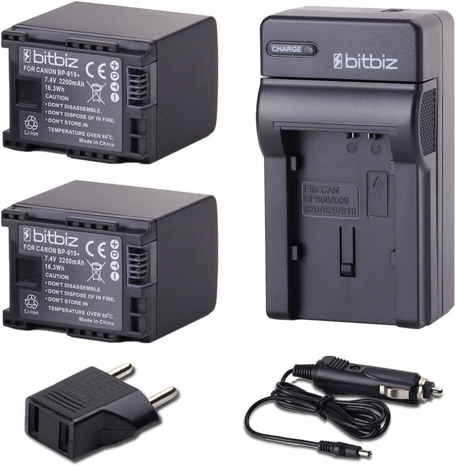 Bitbiz BP-819 LI-ion Battery (2200mAH) + Charger for Canon BP-808 BP-810 BP-827 FS100 FS200+EU Plug, 2 Piece